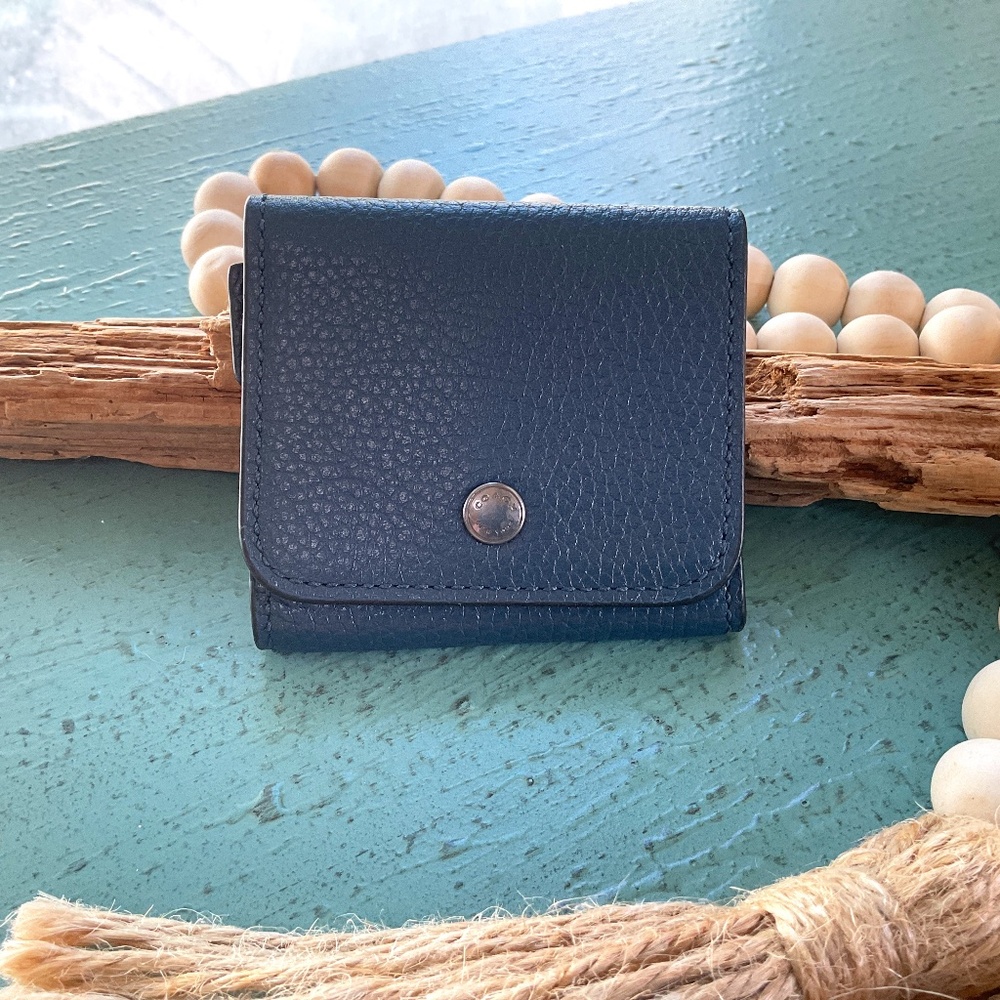 Coach Navy Pebbled Leather EarBud Case Wallet